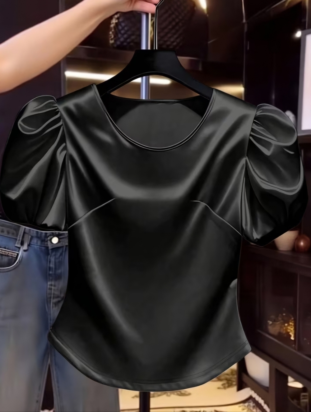 ARRIVED & GORGEOUS Women's Puff-Sleeve Blouse - Black FEELS & LOOKS LIKE SATIN